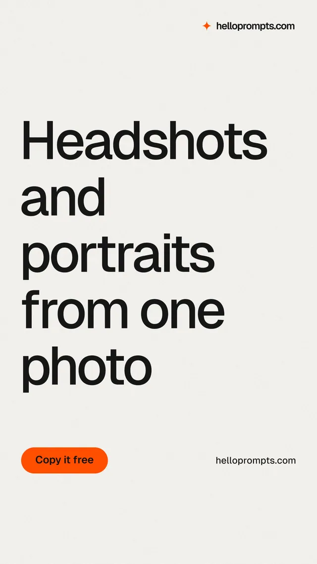 Instagram story for HelloPrompts: "Headshots and portraits from one photo". Data card style, poster layout, light palette in white, grey.
