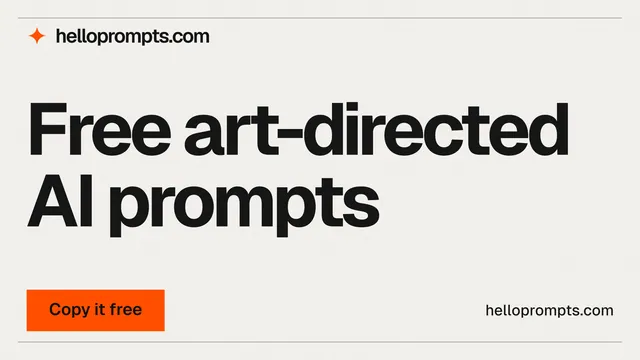 Landscape graphic for HelloPrompts: "Free art-directed AI prompts". Swiss style, poster layout, light palette in white, grey.