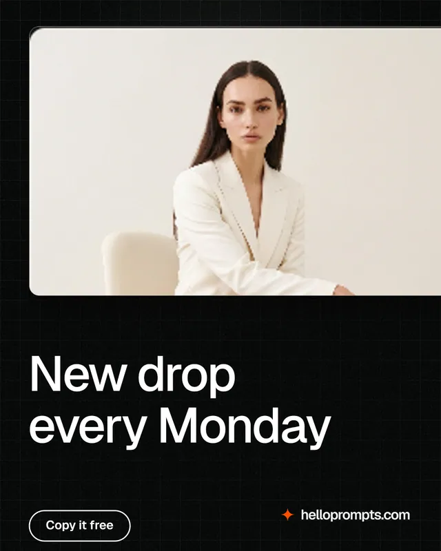Instagram portrait post for HelloPrompts: "New drop every Monday". Phosphor atlas style, bottom layout, light palette in black, orange, grey.