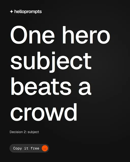 Video for HelloPrompts: "One hero subject beats a crowd". Doc motion loop, 7.0 s, dark palette.