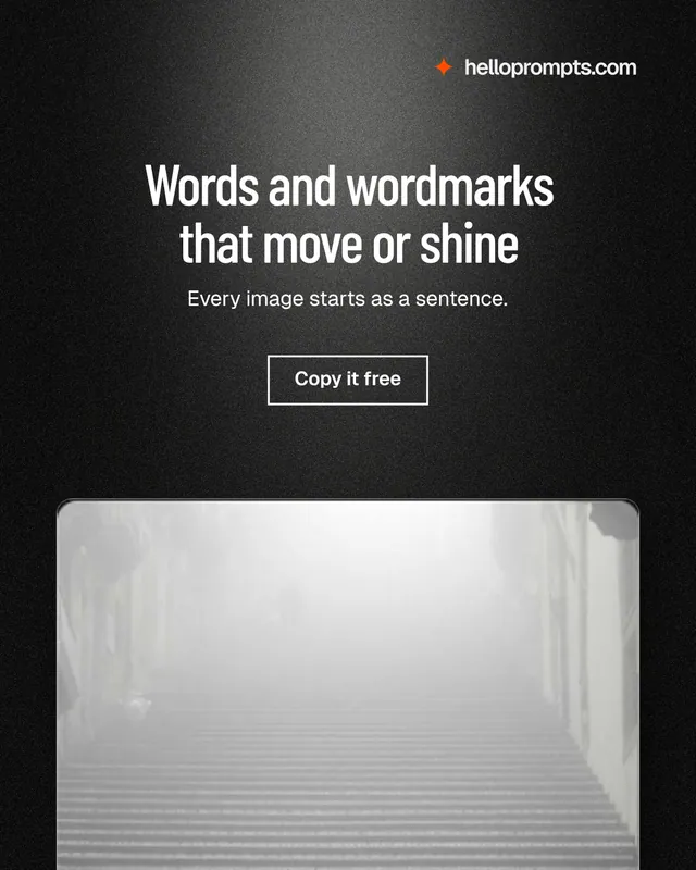 Instagram portrait post for HelloPrompts: "Words and wordmarks that move or shine". Dark deco style, centred layout, dark palette in grey, black.