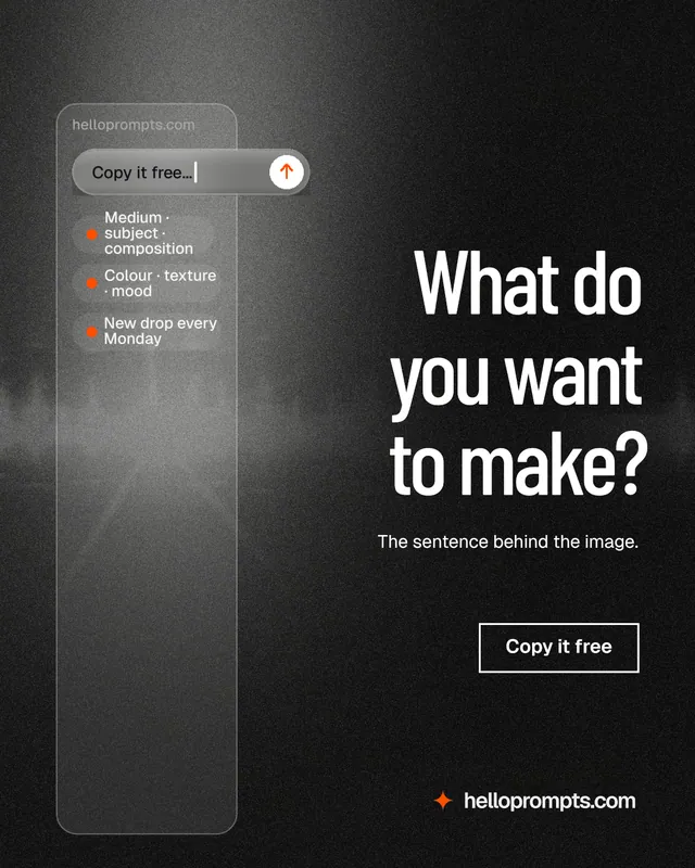 Instagram portrait post for HelloPrompts: "What do you want to make?" Dark deco style, right layout, dark palette in black, grey.