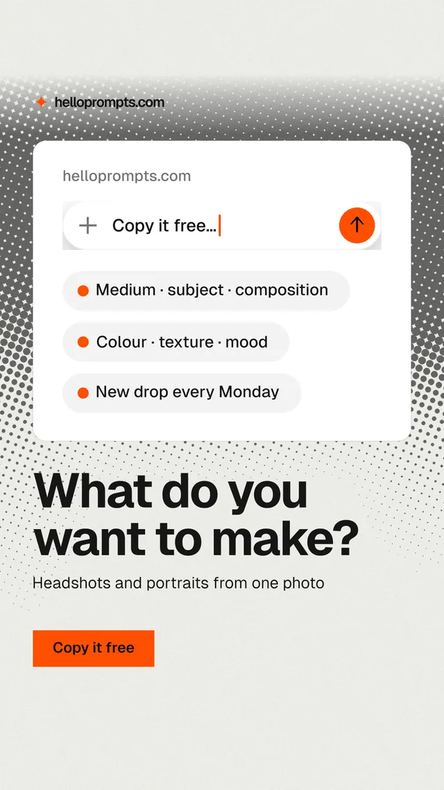 Instagram story for HelloPrompts: "What do you want to make?" Swiss style, bottom layout, light palette in white, grey.