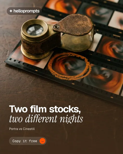 Video for HelloPrompts: "Two film stocks, two different nights". Doc motion loop, 8.0 s, dark palette.