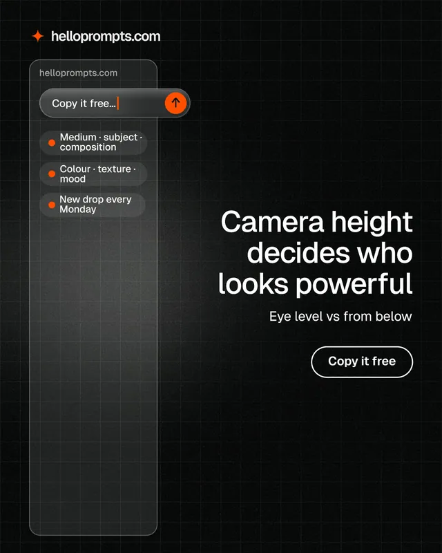 Instagram portrait post for HelloPrompts: "Camera height decides who looks powerful". Phosphor atlas style, right layout, dark palette in black, grey.