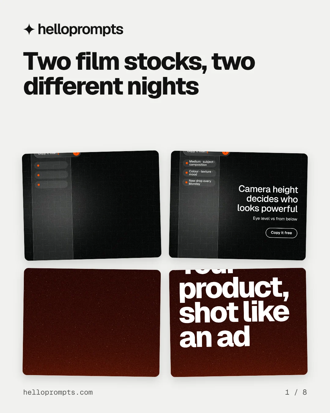 Carousel for HelloPrompts: "Two film stocks, two different nights". Collection carousel, 8 slides, light palette.
