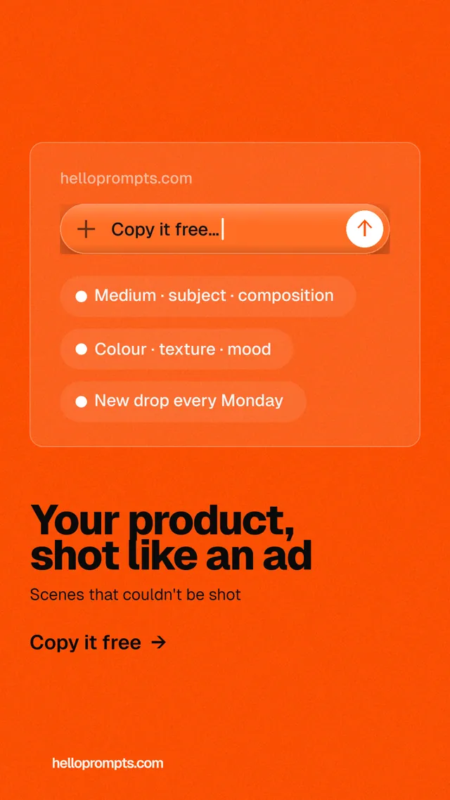 Instagram story for HelloPrompts: "Your product, shot like an ad". Turn card style, bottom layout, light palette in orange.
