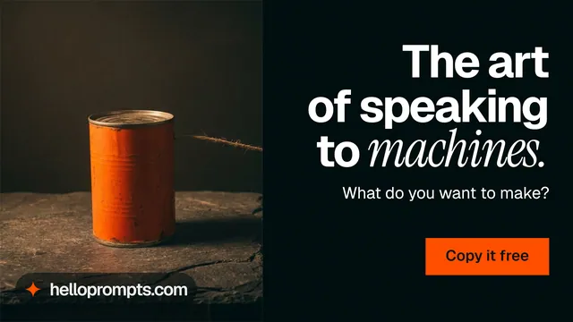 Landscape graphic for HelloPrompts: "The art of speaking to machines." Swiss style, right layout, dark palette in black, orange.