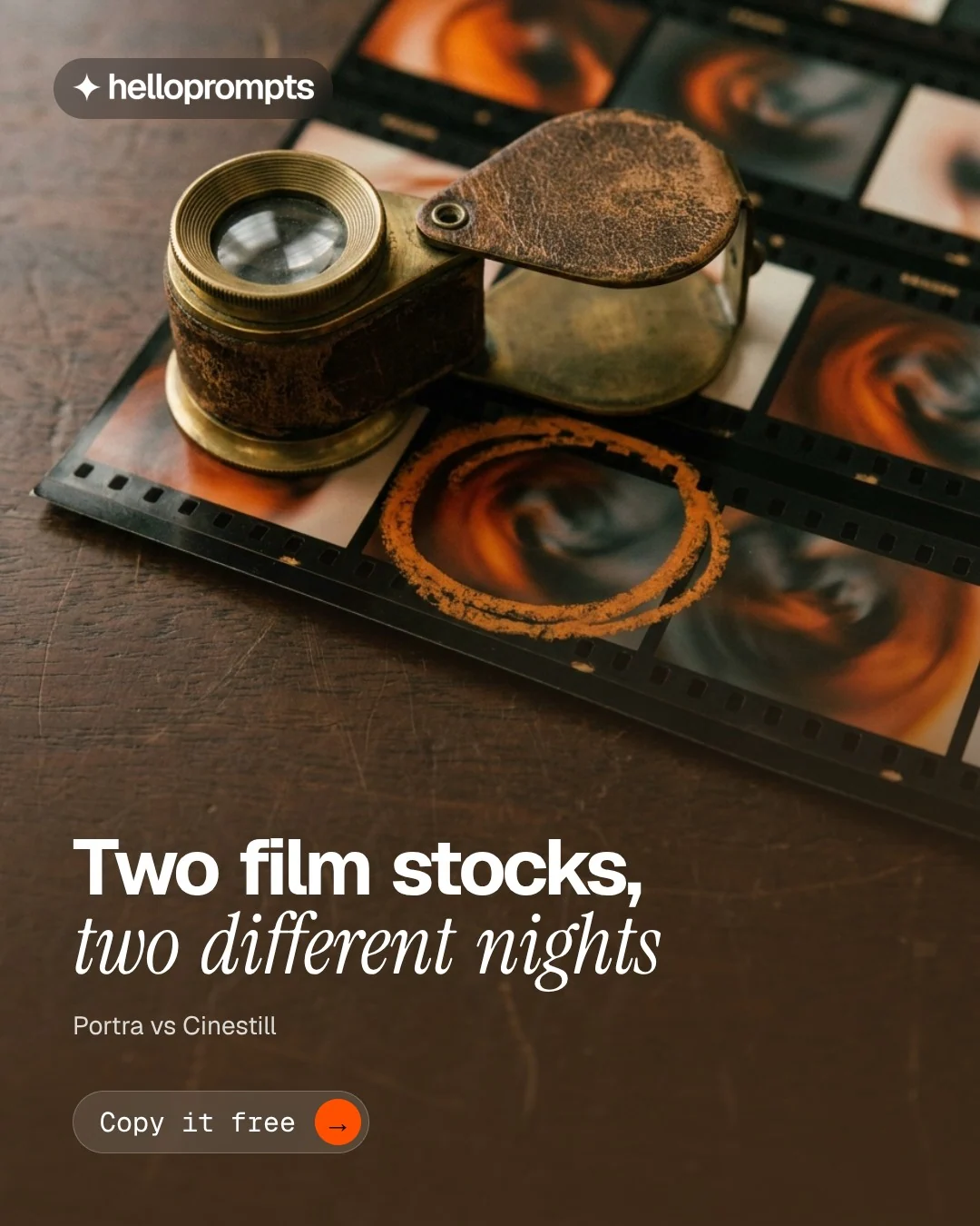 Video for HelloPrompts: "Two film stocks, two different nights". Doc motion loop, 6.0 s, dark palette.