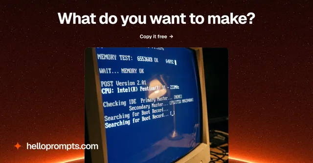 Social ad for HelloPrompts: "What do you want to make?" Swiss style, ogui layout, dark palette in black, blue, red.