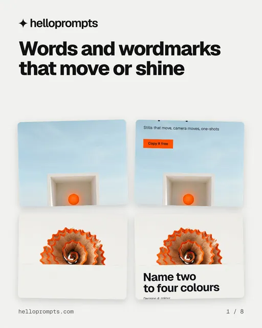 Carousel for HelloPrompts: "Words and wordmarks that move or shine". Collection carousel, 8 slides, light palette.