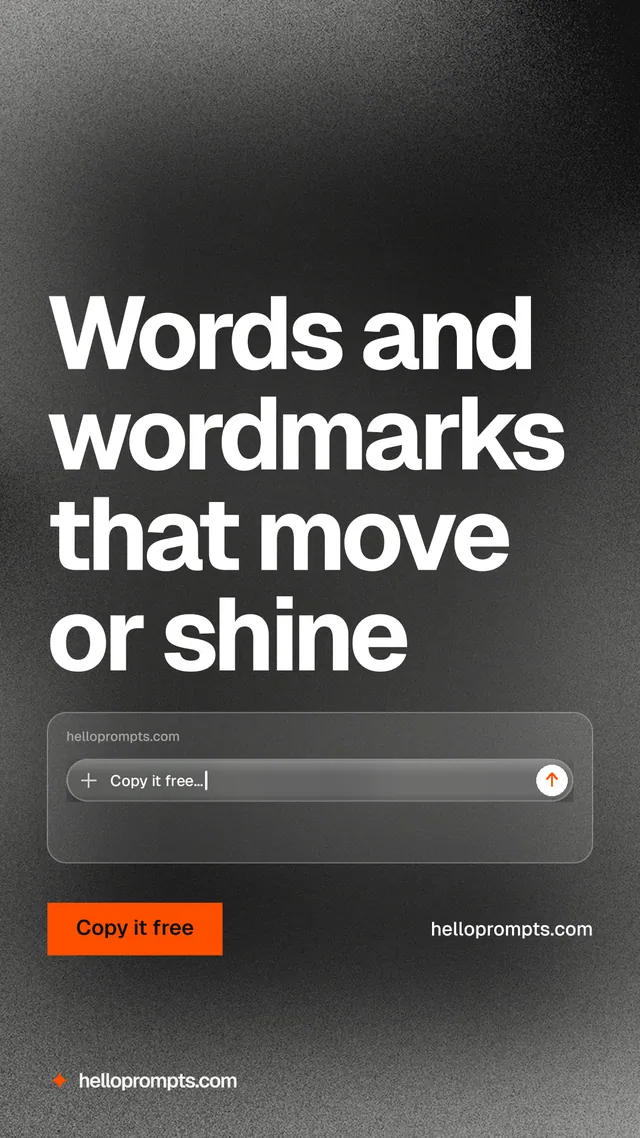 Instagram story for HelloPrompts: "Words and wordmarks that move or shine". Swiss style, poster layout, dark palette in black, grey.
