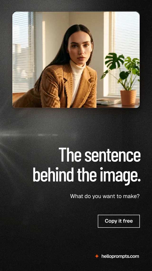 Instagram story for HelloPrompts: "The sentence behind the image." Dark deco style, right layout, dark palette in black, grey, orange.