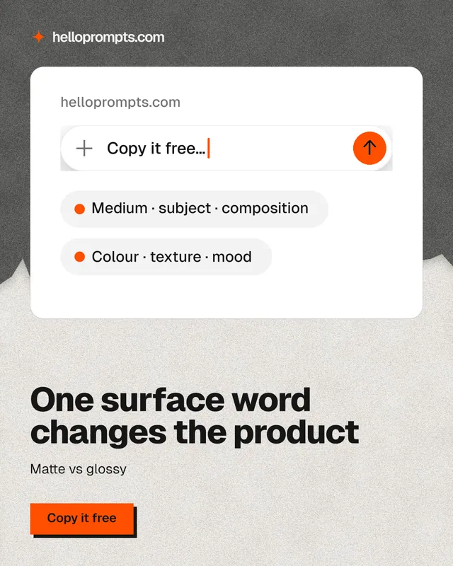 Instagram portrait post for HelloPrompts: "One surface word changes the product". Paper trio style, bottom layout, light palette in white, grey.