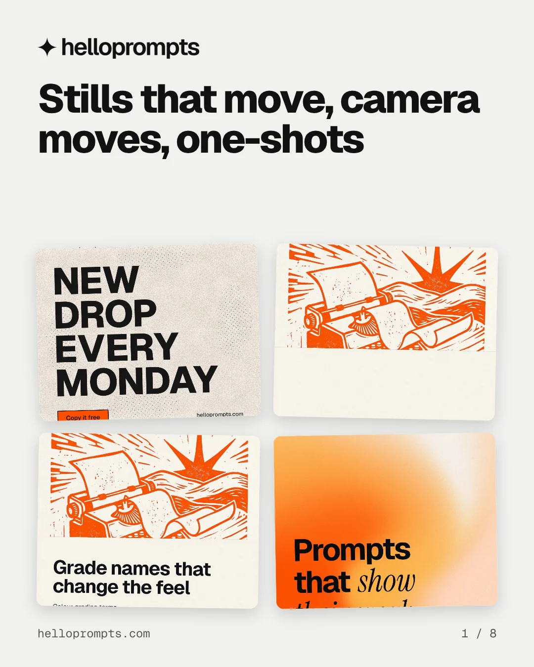 Carousel for HelloPrompts: "Stills that move, camera moves, one-shots". Collection carousel, 8 slides, light palette.