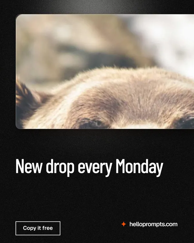 Instagram portrait post for HelloPrompts: "New drop every Monday". Dark deco style, bottom layout, dark palette in black, orange, grey.