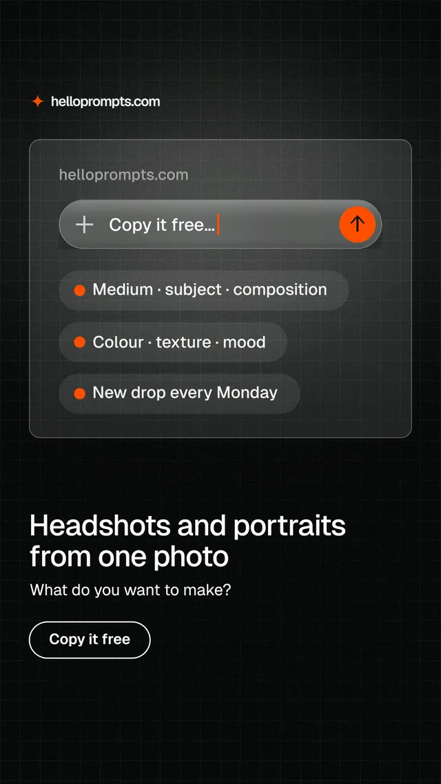 Instagram story for HelloPrompts: "Headshots and portraits from one photo". Phosphor atlas style, bottom layout, dark palette in black, grey.