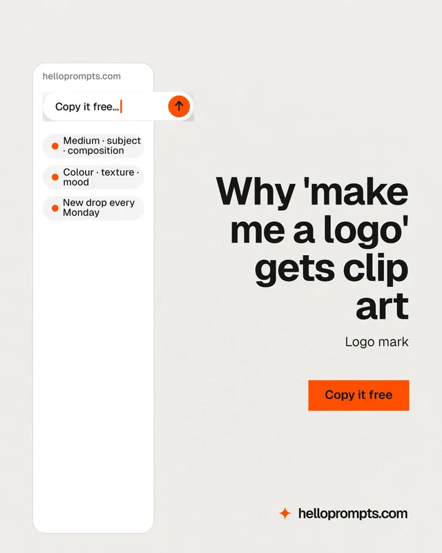 Instagram portrait post for HelloPrompts: "Why 'make me a logo' gets clip art". Swiss style, right layout, light palette in white, grey.