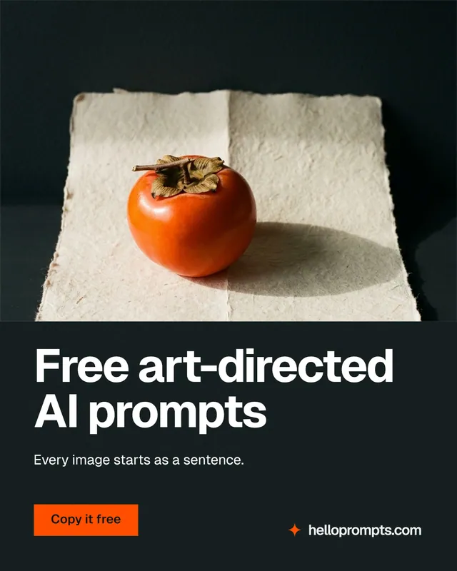 Instagram portrait post for HelloPrompts: "Free art-directed AI prompts". Swiss style, bottom layout, dark palette in black, orange.