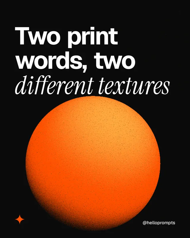 Instagram portrait post for HelloPrompts: "Two print words, two different textures". Auto 4x5 style, technique:shader field layout, dark palette in black, orange.