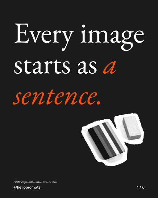 Carousel for HelloPrompts: "Every image starts as a sentence.". Cutout essay, 6 slides, dark palette.