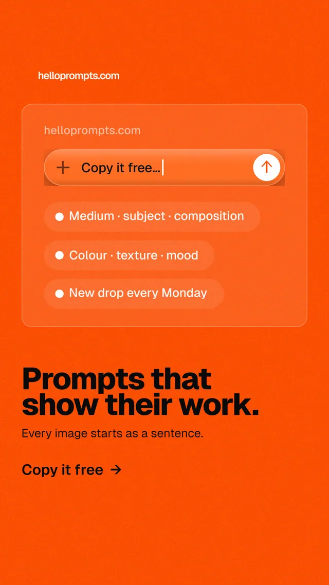 Instagram story for HelloPrompts: "Prompts that show their work." Turn card style, bottom layout, light palette in orange.