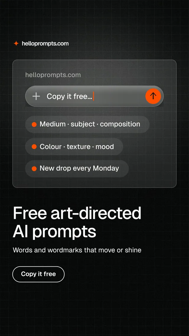 Instagram story for HelloPrompts: "Free art-directed AI prompts". Phosphor atlas style, bottom layout, dark palette in black, grey.