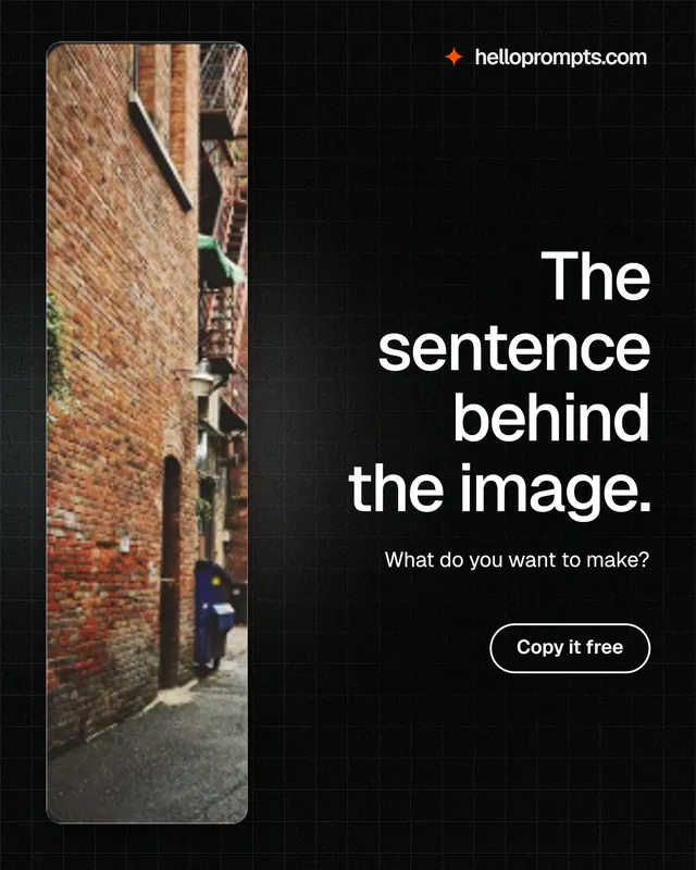 Instagram portrait post for HelloPrompts: "The sentence behind the image." Phosphor atlas style, right layout, dark palette in black, grey.