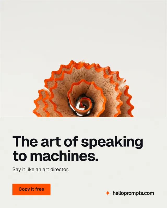 Instagram portrait post for HelloPrompts: "The art of speaking to machines." Swiss style, bottom layout, light palette in white, brown.