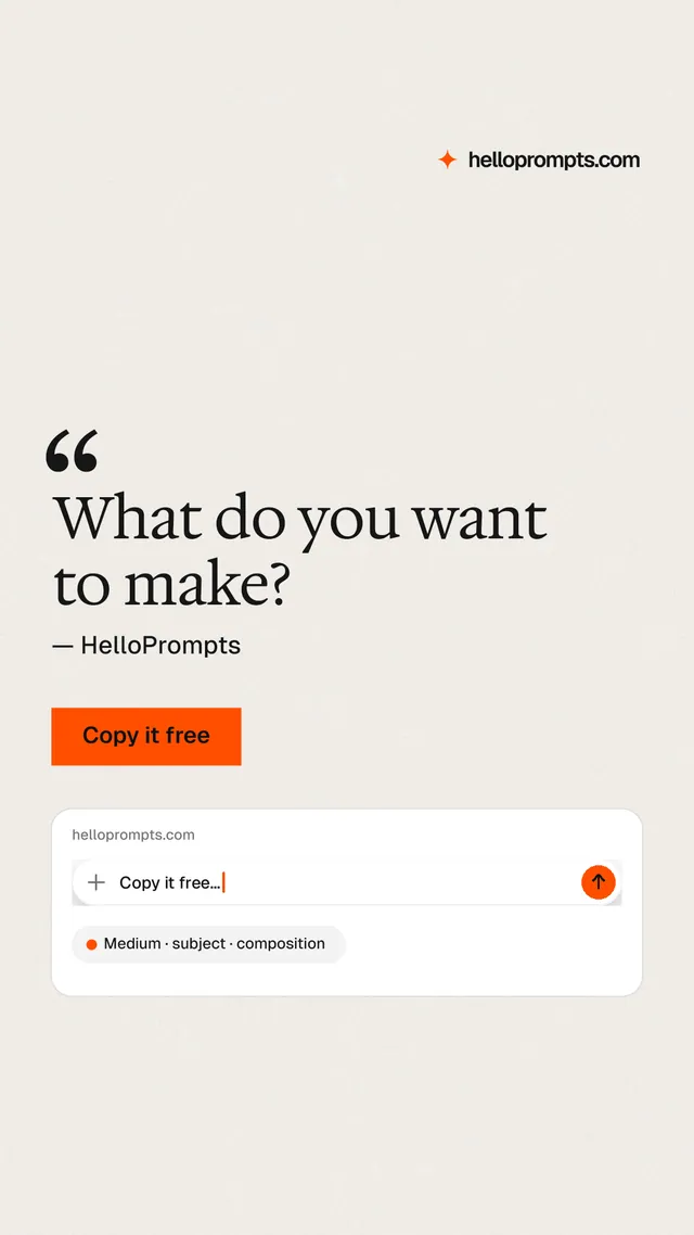 Instagram story for HelloPrompts: "What do you want to make?" Swiss style, quote layout, light palette in white, yellow, orange.