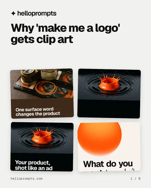 Carousel for HelloPrompts: "Why 'make me a logo' gets clip art". Collection carousel, 8 slides, light palette.
