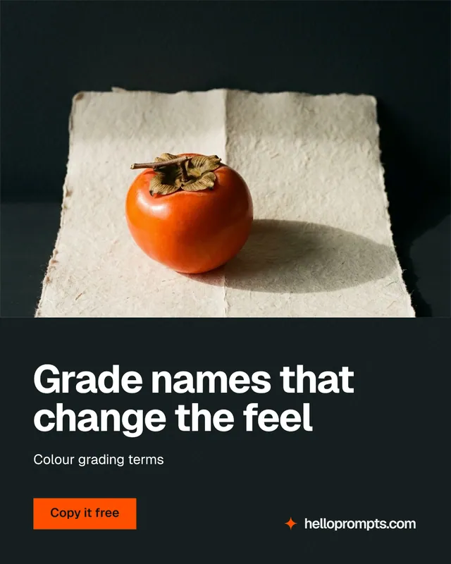 Instagram portrait post for HelloPrompts: "Grade names that change the feel". Swiss style, bottom layout, dark palette in black, orange.