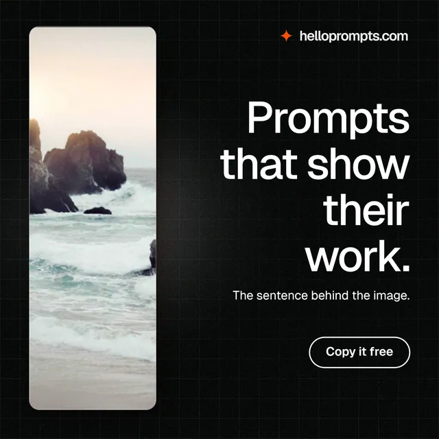 Instagram post for HelloPrompts: "Prompts that show their work." Phosphor atlas style, right layout, dark palette in black, grey, white.