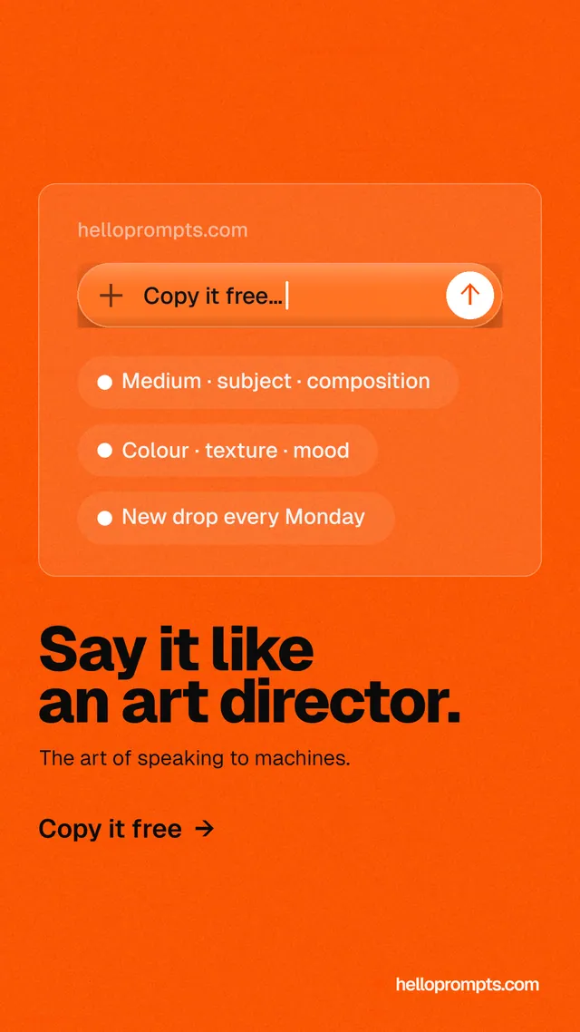 Instagram story for HelloPrompts: "Say it like an art director." Turn card style, bottom layout, light palette in orange.