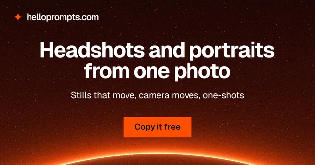 Social ad for HelloPrompts: "Headshots and portraits from one photo". Swiss style, centred layout, dark palette in black, red, orange.