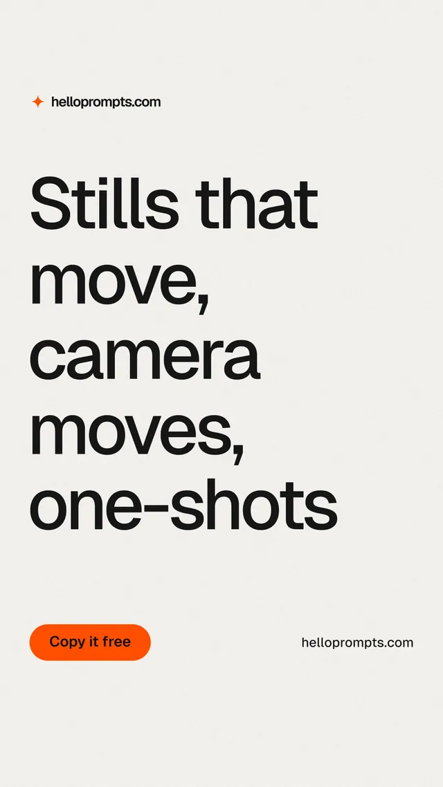 Instagram story for HelloPrompts: "Stills that move, camera moves, one-shots". Data card style, poster layout, light palette in white, grey.