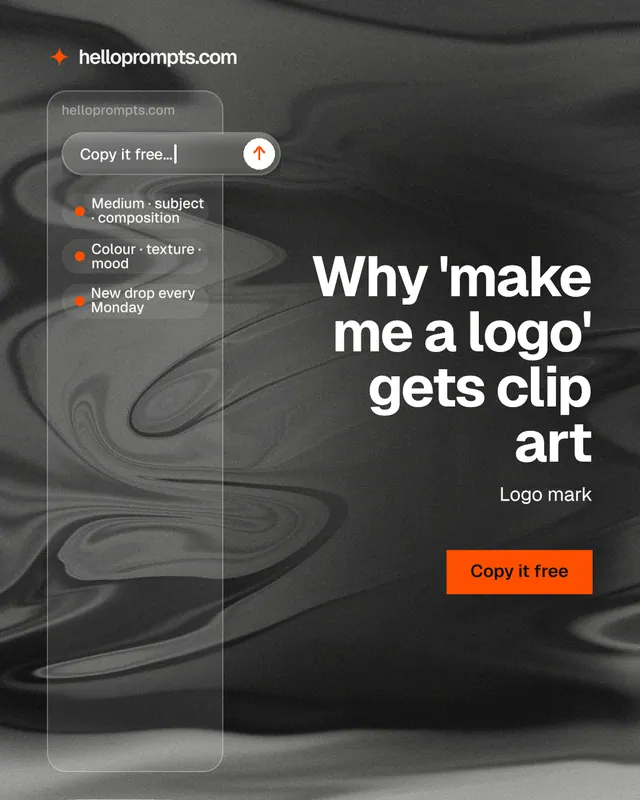 Instagram portrait post for HelloPrompts: "Why 'make me a logo' gets clip art". Swiss style, right layout, dark palette in grey, black.