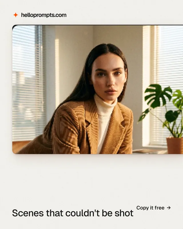 Instagram portrait post for HelloPrompts: "Scenes that couldn't be shot". Data card style, image led layout, light palette in white, orange, brown.