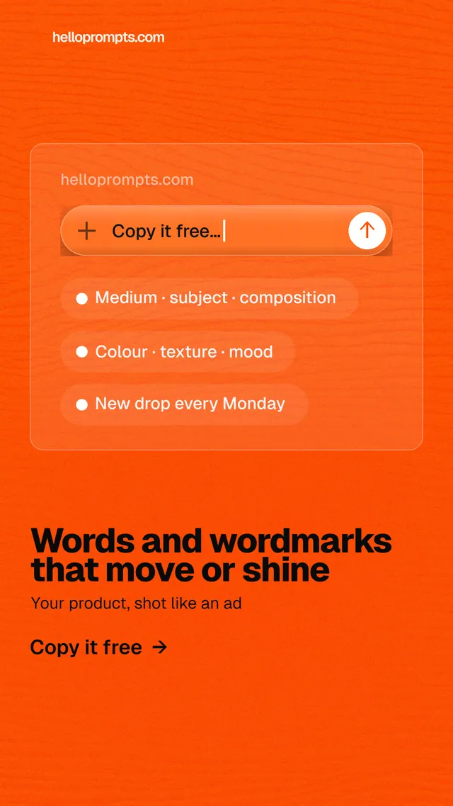 Instagram story for HelloPrompts: "Words and wordmarks that move or shine". Turn card style, bottom layout, light palette in orange.