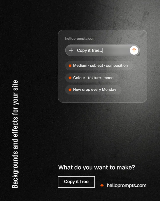 Instagram portrait post for HelloPrompts: "Backgrounds and effects for your site". Dark deco style, vertical layout, dark palette in black, grey.