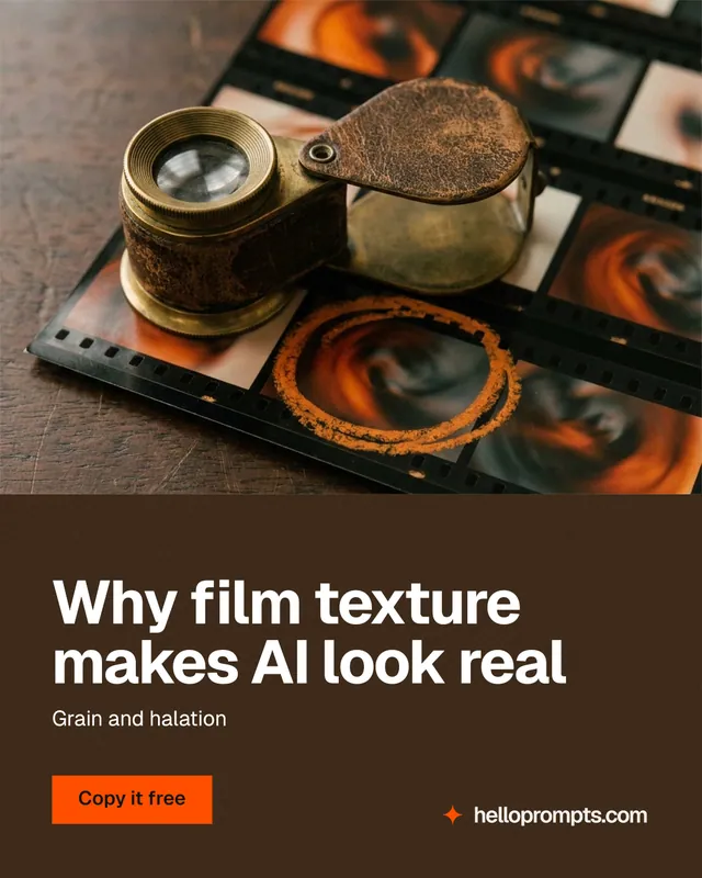 Instagram portrait post for HelloPrompts: "Why film texture makes AI look real". Swiss style, bottom layout, dark palette in orange, black, grey.