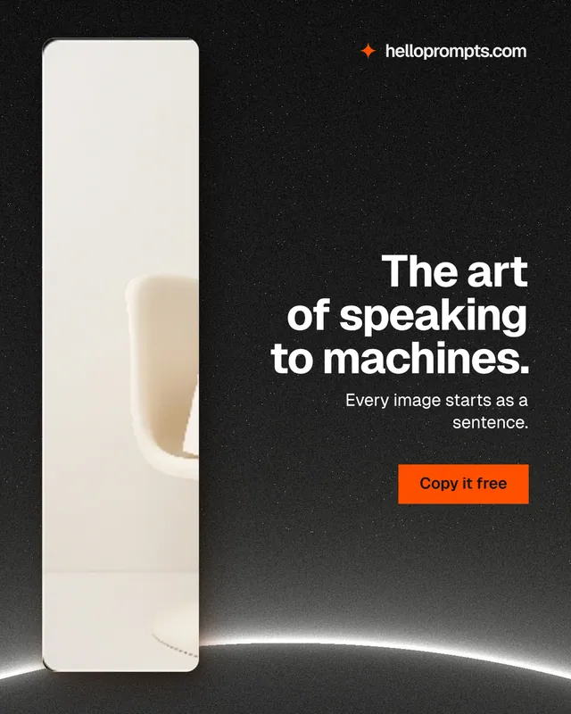 Instagram portrait post for HelloPrompts: "The art of speaking to machines." Swiss style, right layout, dark palette in orange, black, grey.