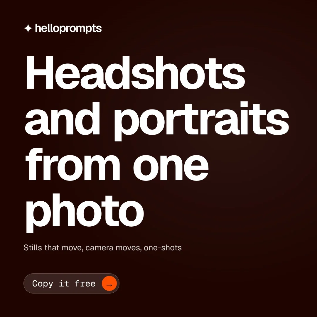 Video for HelloPrompts: "Headshots and portraits from one photo". Doc motion loop, 6.0 s, dark palette.