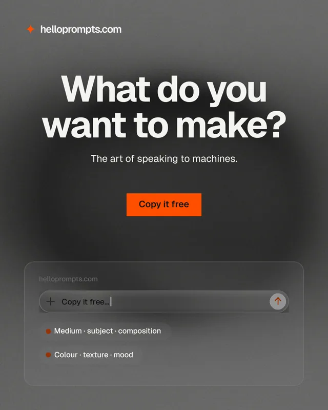 Instagram portrait post for HelloPrompts: "What do you want to make?" Swiss style, centred layout, dark palette in black, grey.