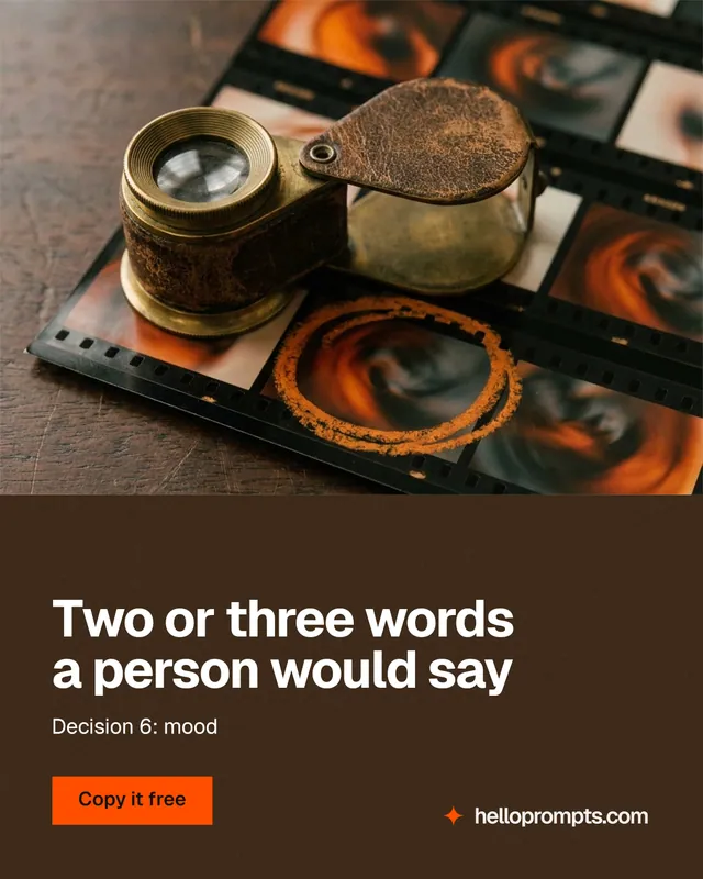 Instagram portrait post for HelloPrompts: "Two or three words a person would say". Swiss style, bottom layout, dark palette in orange, black, grey.
