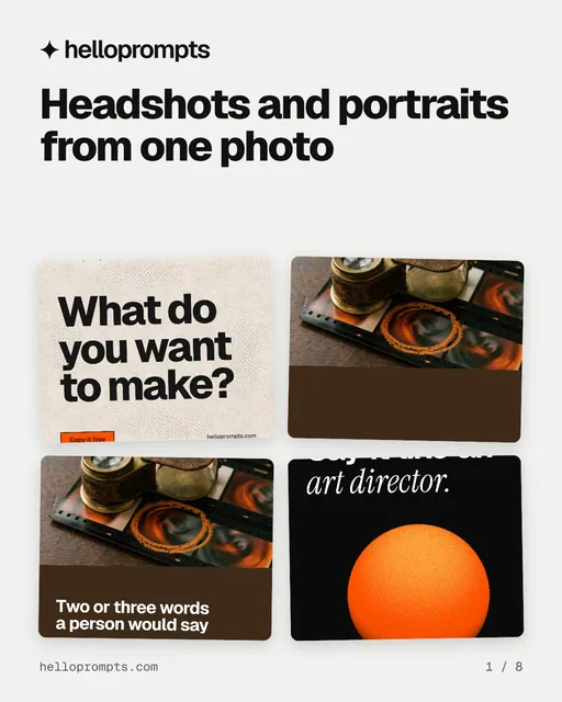Carousel for HelloPrompts: "Headshots and portraits from one photo". Collection carousel, 8 slides, light palette.