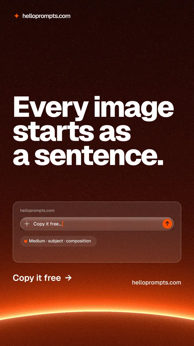 Instagram story for HelloPrompts: "Every image starts as a sentence." Turn card style, poster layout, dark palette in red, black, orange.
