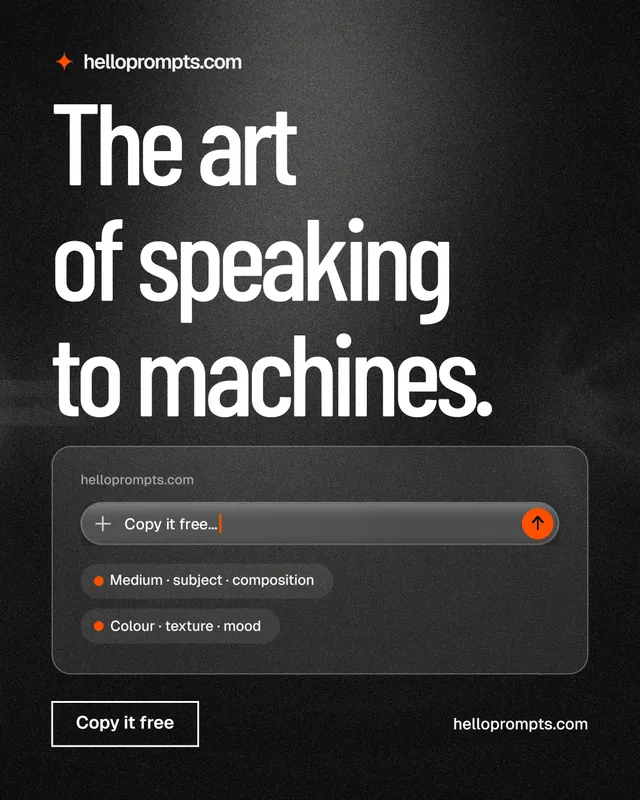Instagram portrait post for HelloPrompts: "The art of speaking to machines." Dark deco style, poster layout, dark palette in black, grey.