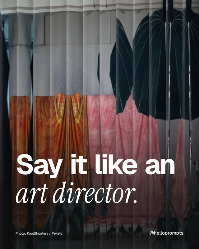 Instagram portrait post for HelloPrompts: "Say it like an art director." Photo style, technique:fluted glass layout, dark palette in black, red, grey.