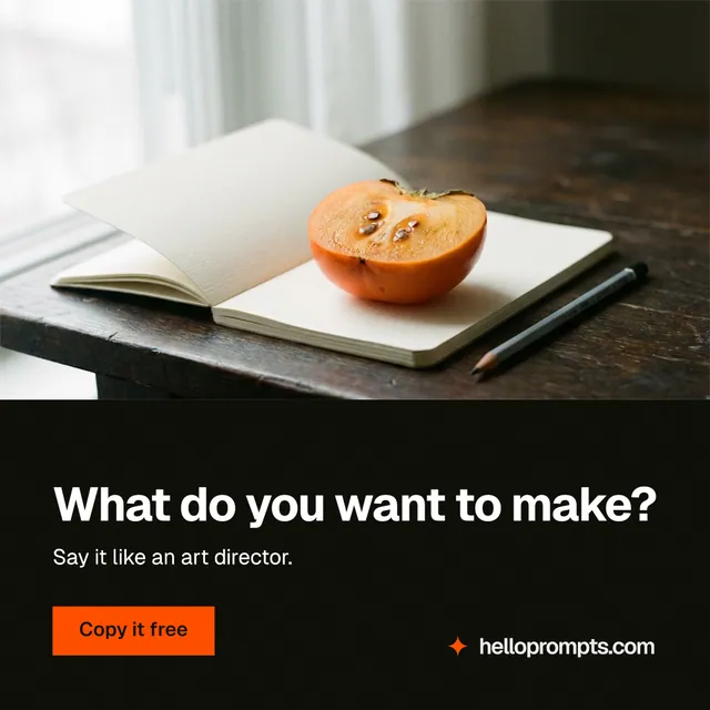 Instagram post for HelloPrompts: "What do you want to make?" Swiss style, bottom layout, dark palette in white, black, orange.